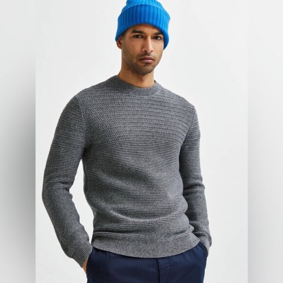 Selected Homme Men's twisted knit LS crew sweater jumper heather grey charcoal M - Picture 2 of 7